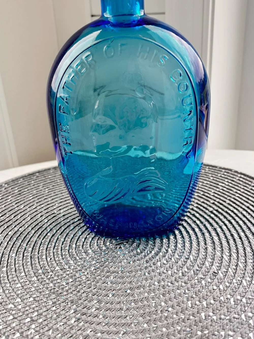 USA Vintage Wheaton Blue Glass George Washington USA Bottle Decanter 8 in